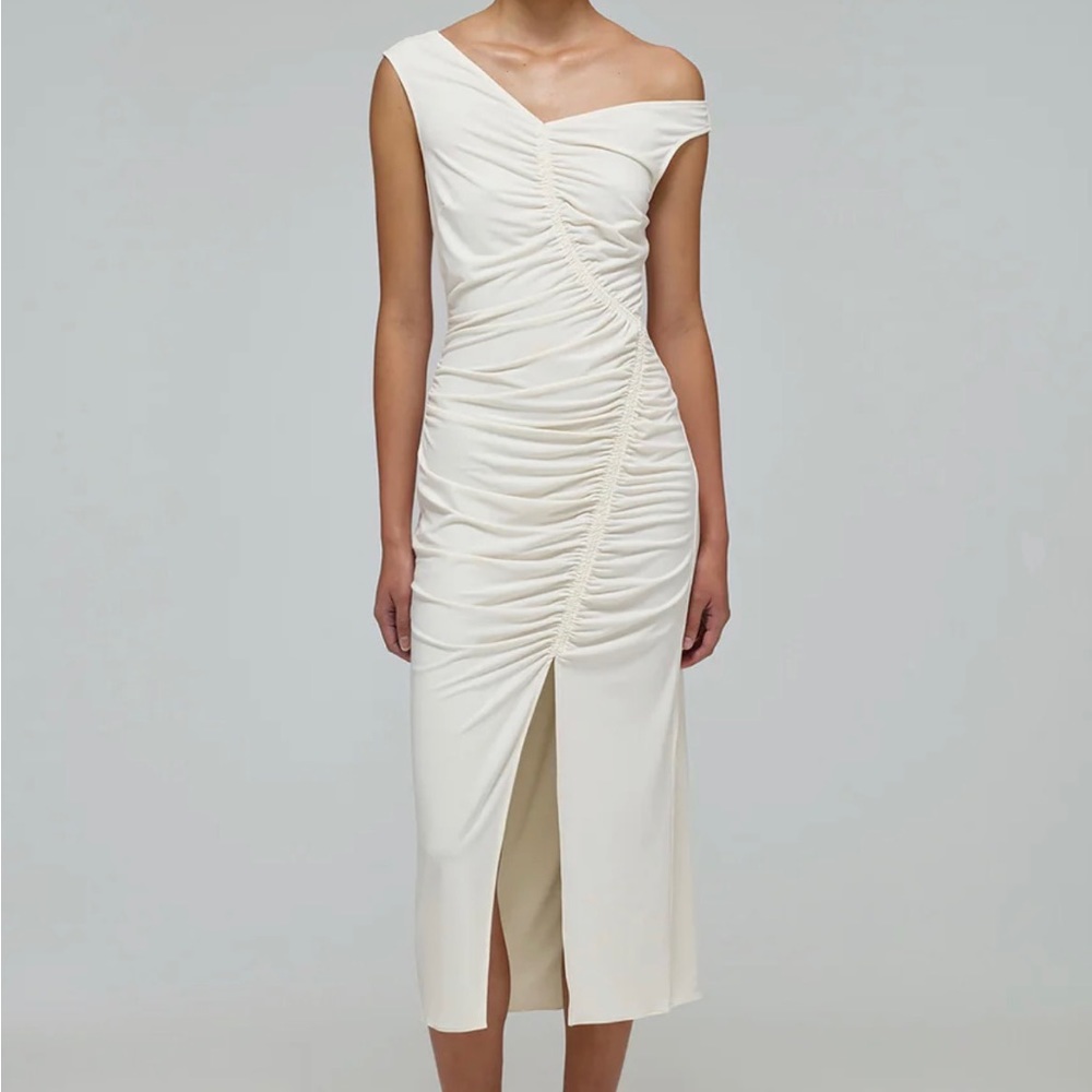 New Self Portrait Ivory Jersey Gathered Asymmetric Midi Dress